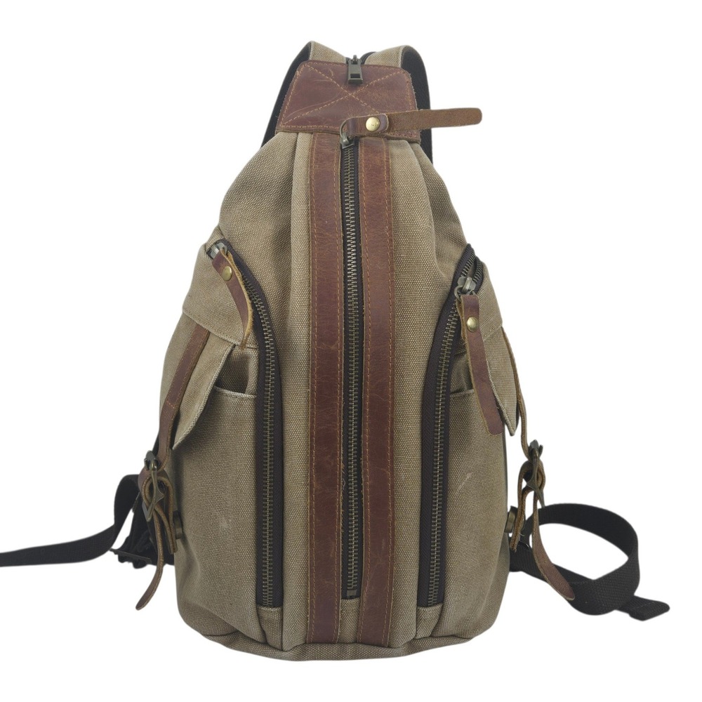 Vtg Canvas & Leather Sling Backpack Multi-Pocket Crossbody Bag Rucksack 13x9x5"